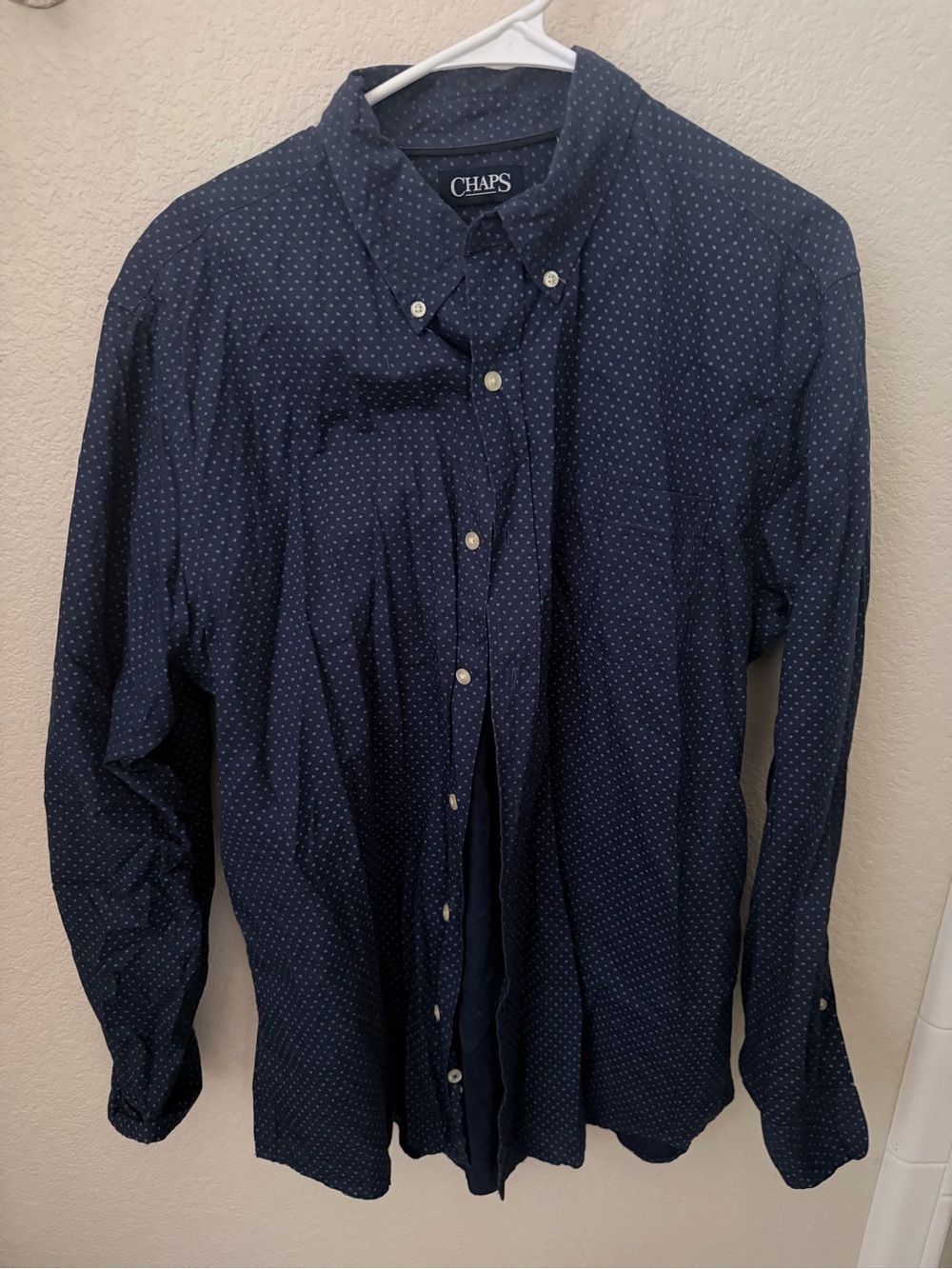 Chaps Navy Blue Button-Down Shirt with Small White Dot Pattern